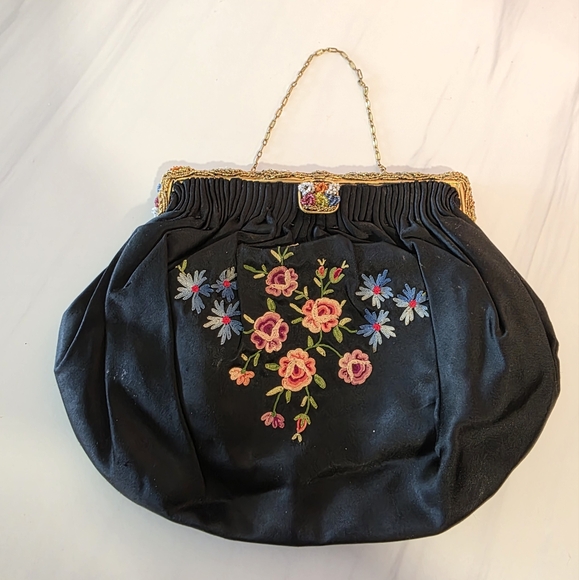 Vintage 1940s French Handbag Black Satin Mini Bag Floral Embroidery Luxury Boho - Picture 1 of 16